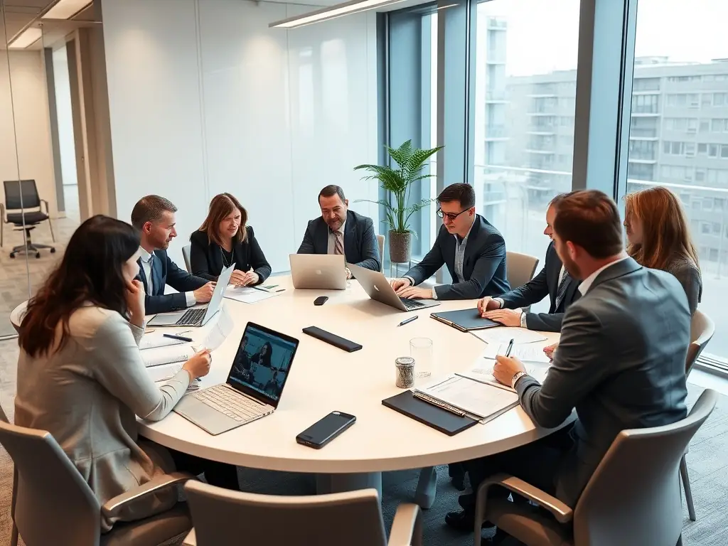 Directors discussing compliance strategies in a professional business meeting.