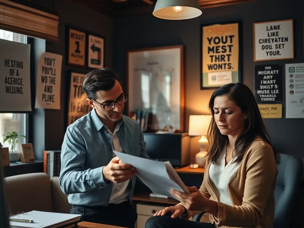 A consultant assisting a client with migration paperwork in an office.