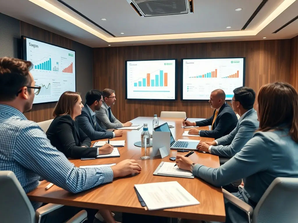 A team of professionals engaged in a strategic planning session in a boardroom.