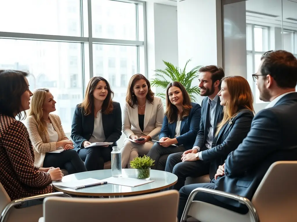 A diverse group of directors discussing compliance strategies in a modern office.