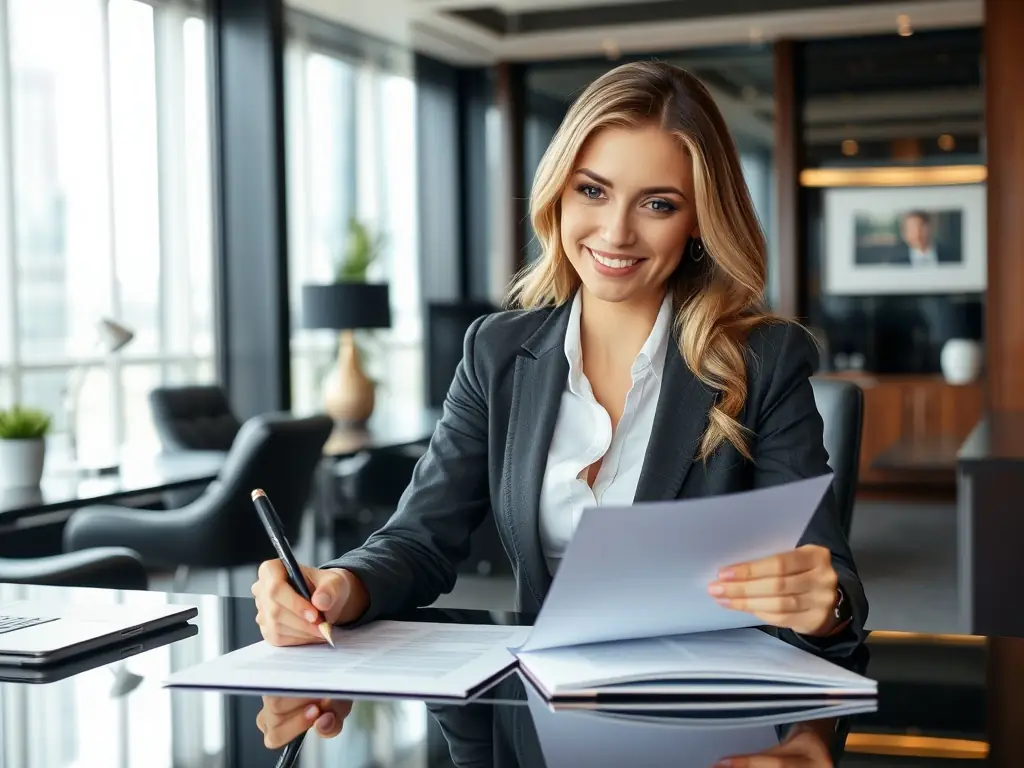 A confident businesswoman signing important documents in a corporate office.