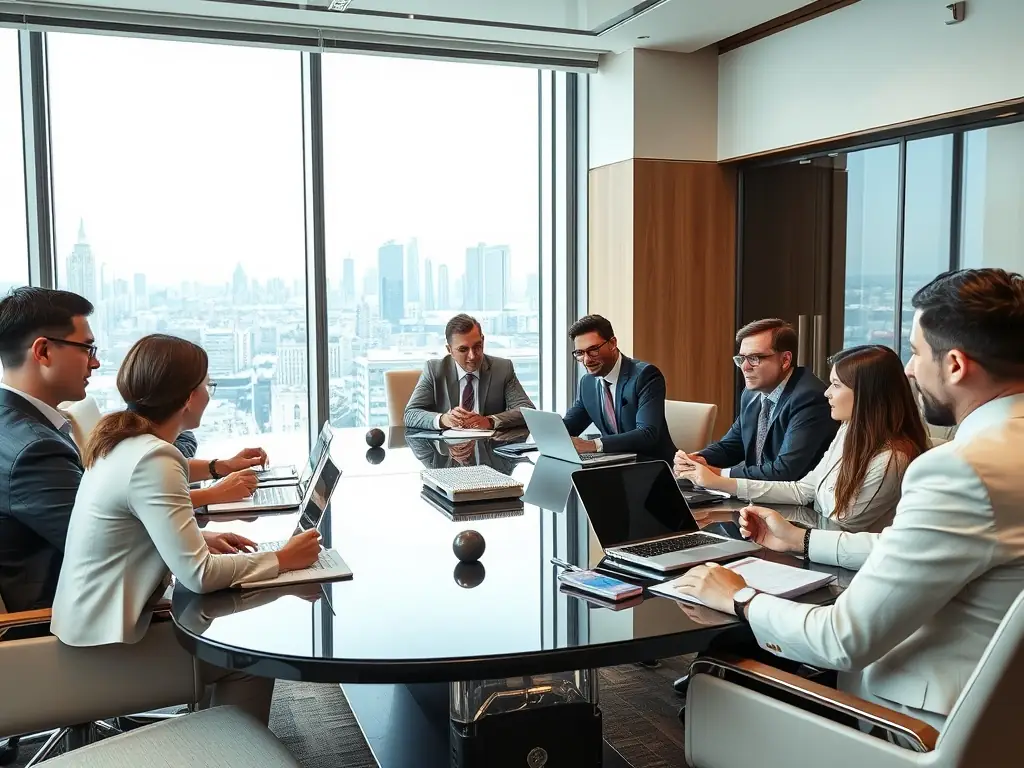 A business meeting with international clients in a conference room.