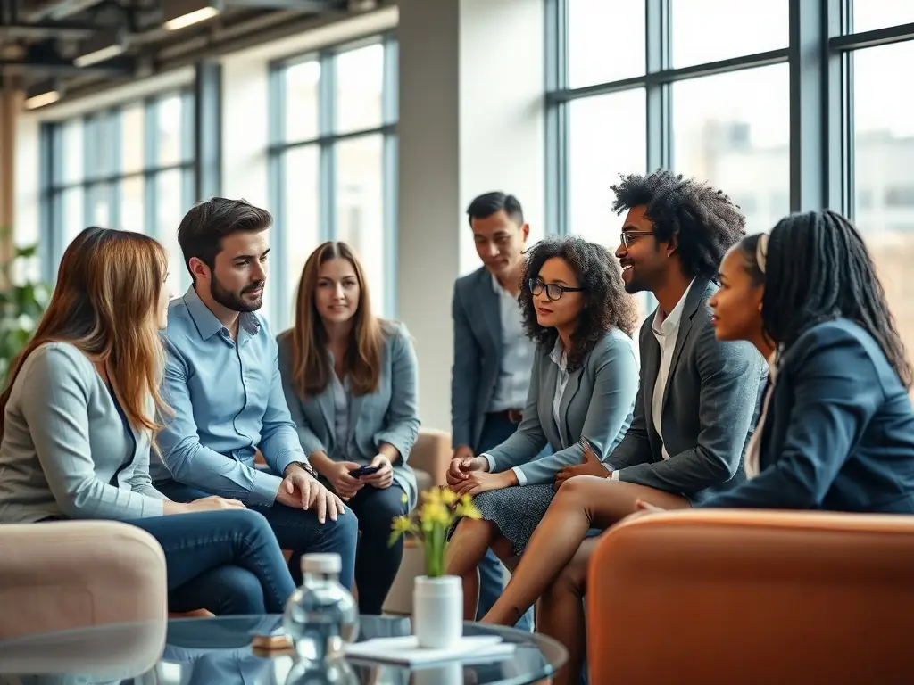 A diverse team discussing HR strategies in a modern office.