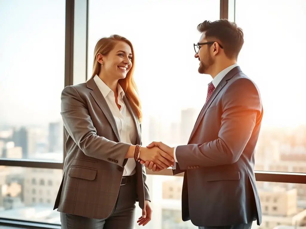 A handshake between two business professionals in a bright office.