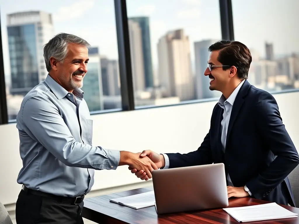 A satisfied business owner shaking hands with a consultant in a modern office.