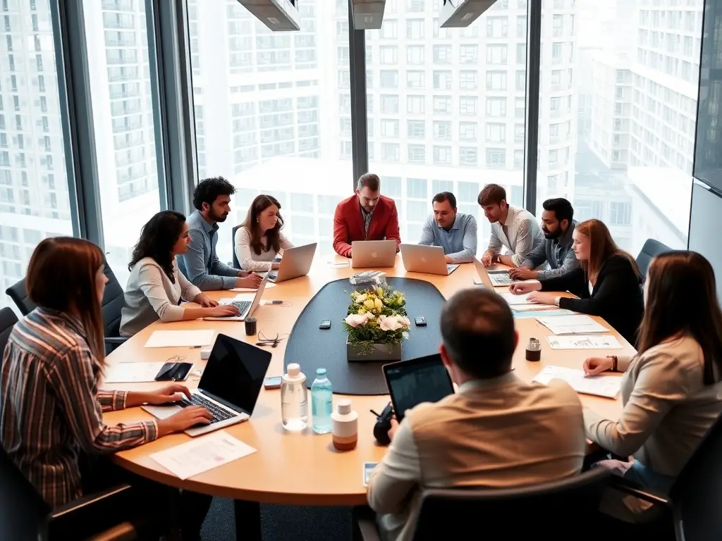 A team of professionals discussing strategies in a modern office.
