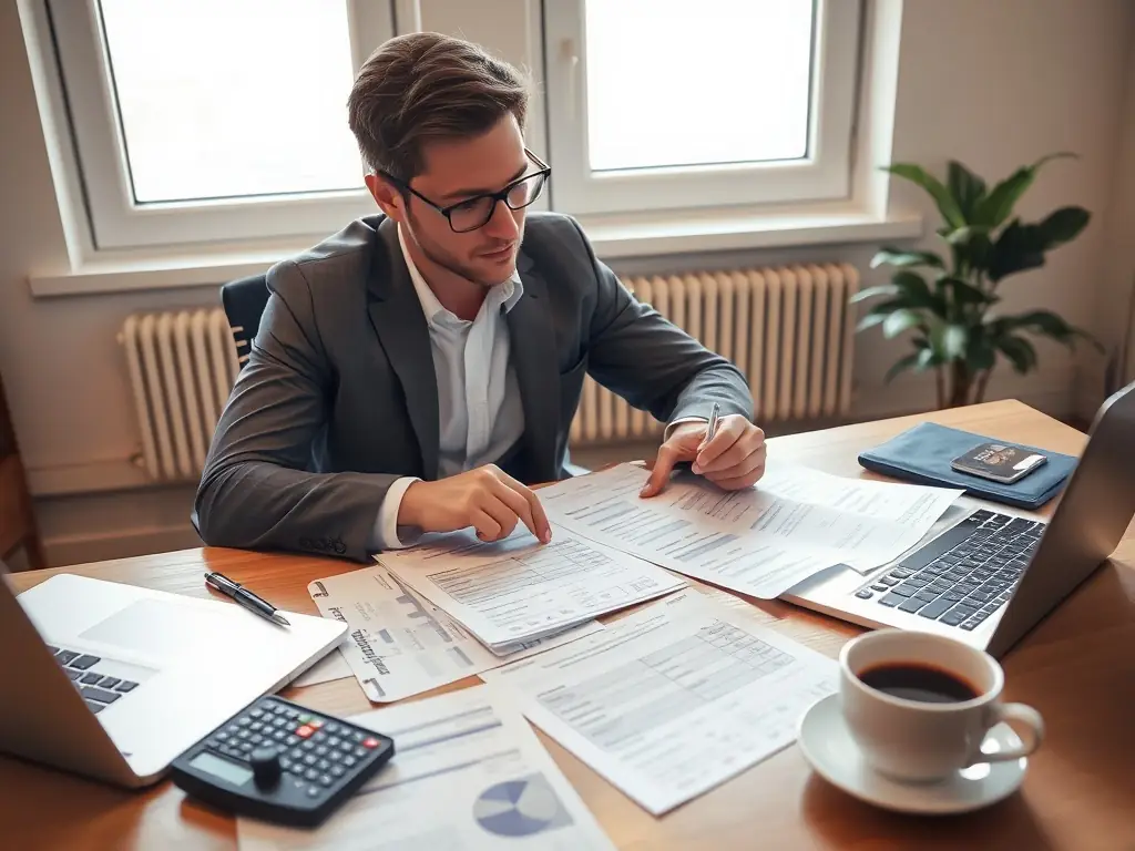 A business professional reviewing financial documents at a desk.