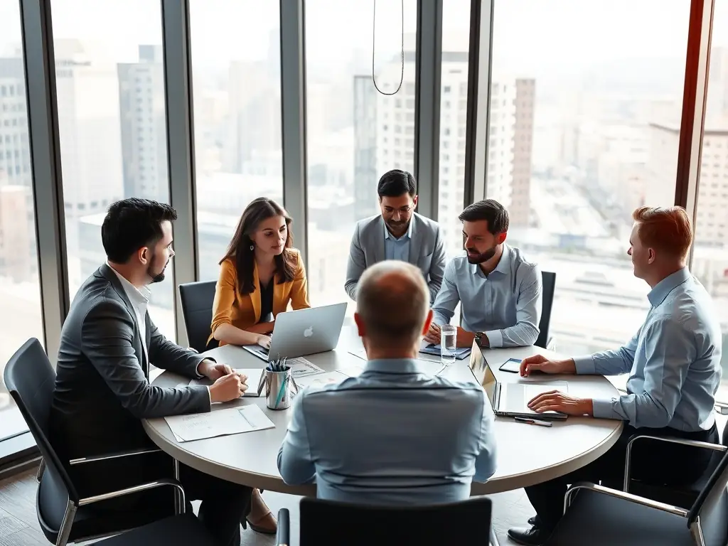 A professional team of business consultants discussing strategies.