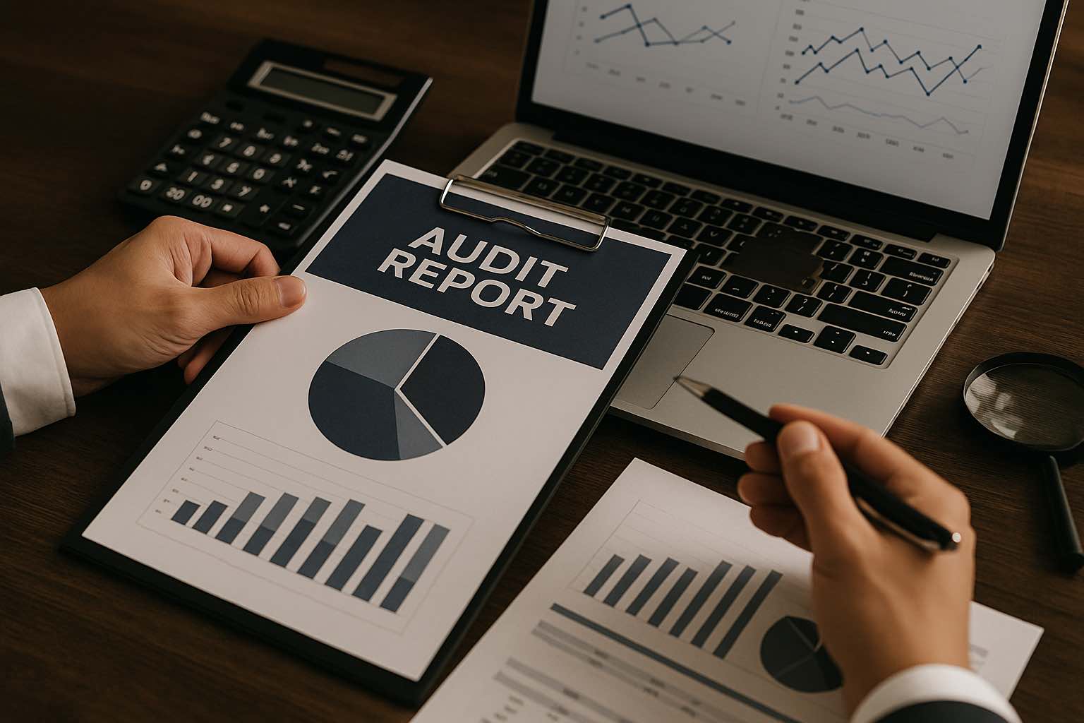 Audit report with charts on desk.
