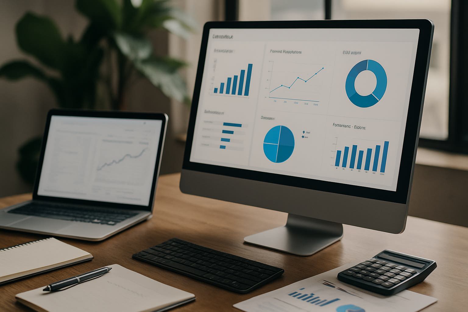 A high-resolution digital photograph showing a corporate financial dashboard on a computer screen, with accounting documents and a calculator arranged on a dark office desk, symbolising modern business accounting and real-time financial management in compliance with Australian standards.