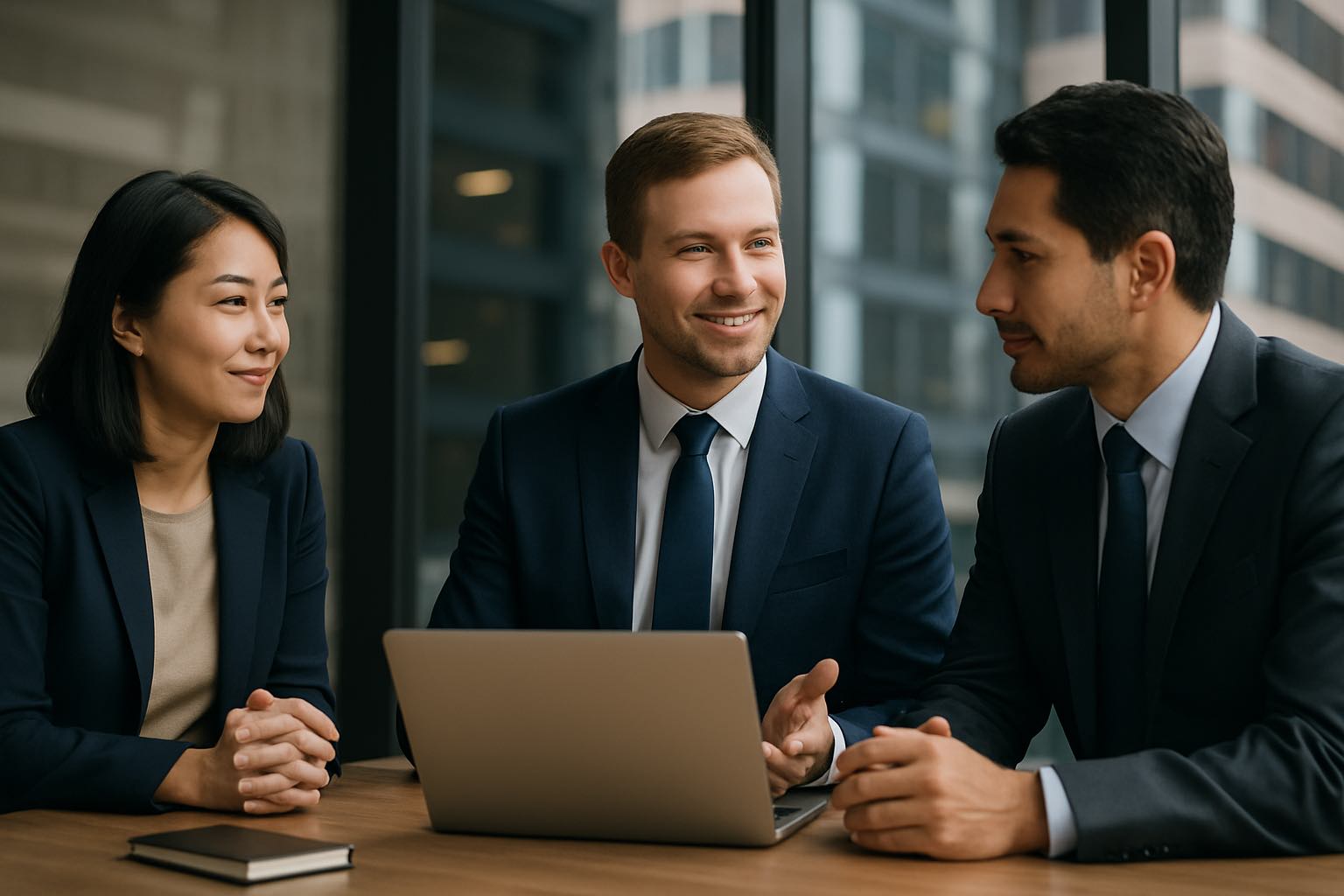 Three corporate professionals in a modern office environment engaged in strategic consulting, symbolising high-level advisory services tailored to international business operations.
