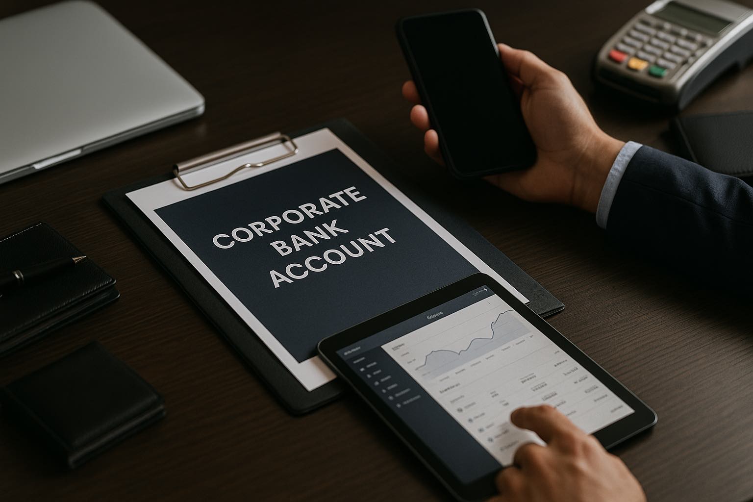 Corporate banking documents and digital financial tools.