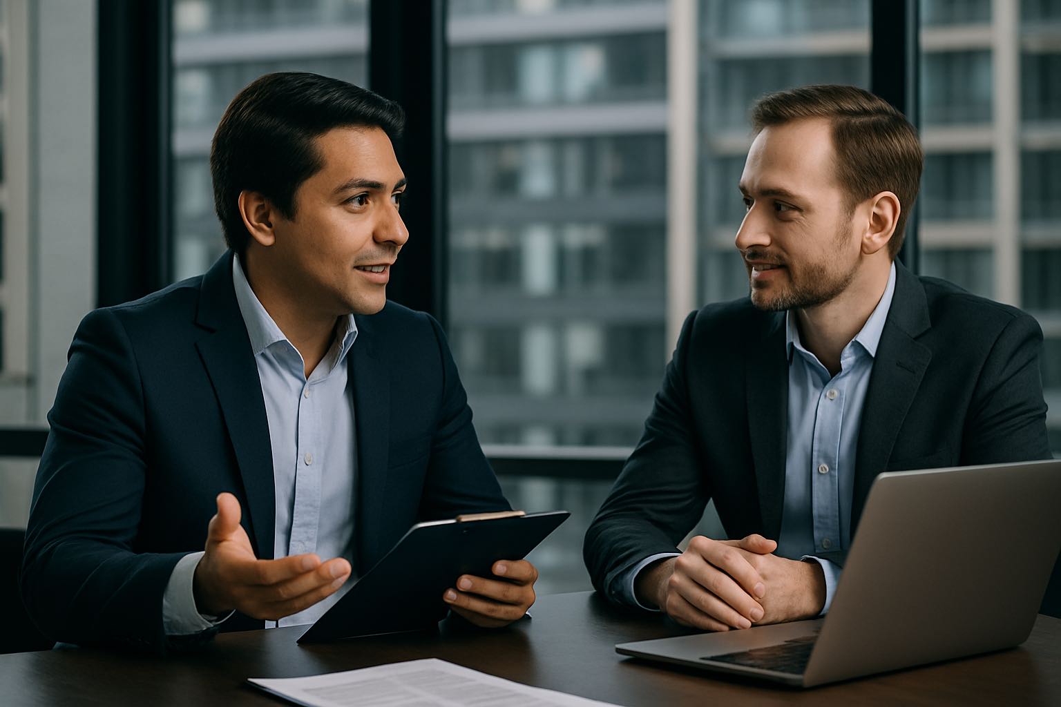 Two businessmen discussing in modern office setting