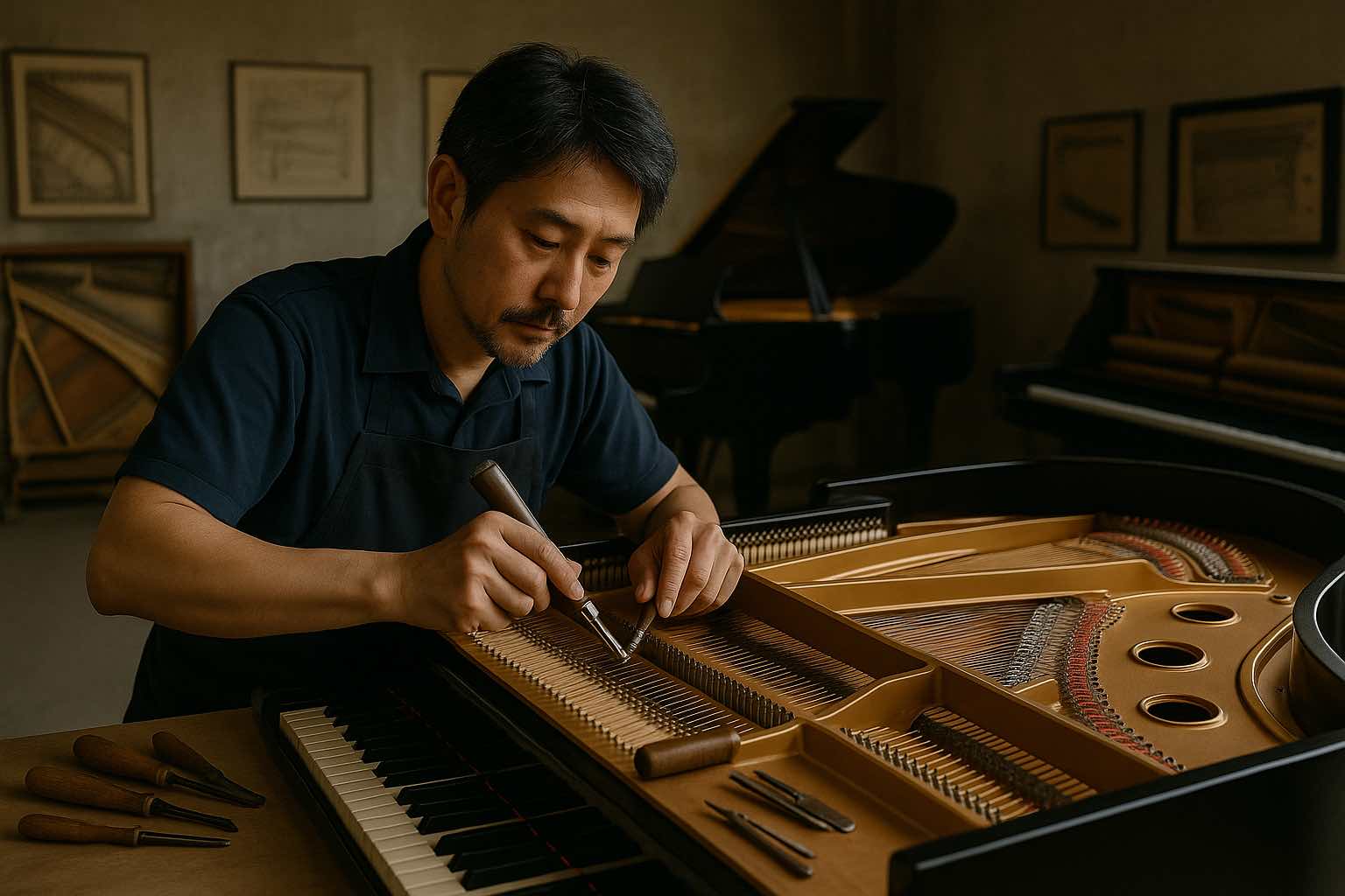 Japanese piano craftsman tuning the strings of a grand piano in a traditional workshop, surrounded by piano components and professional tuning tools