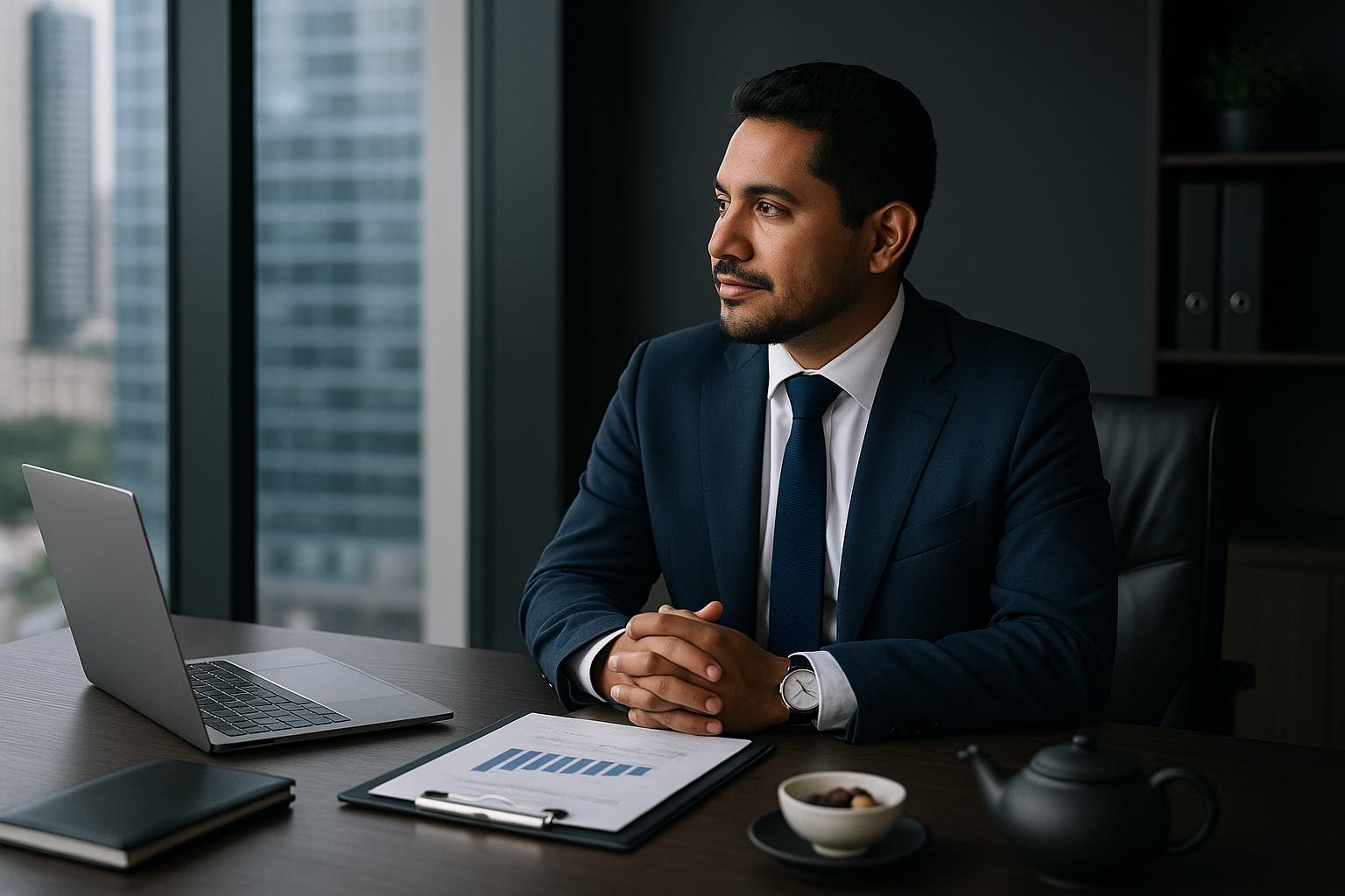 Man in suit at office desk with laptop.