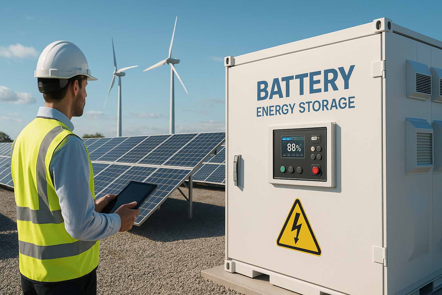 Engineer inspecting digital control panel on large battery energy storage unit at a renewable energy site with solar panels and wind turbines in the background