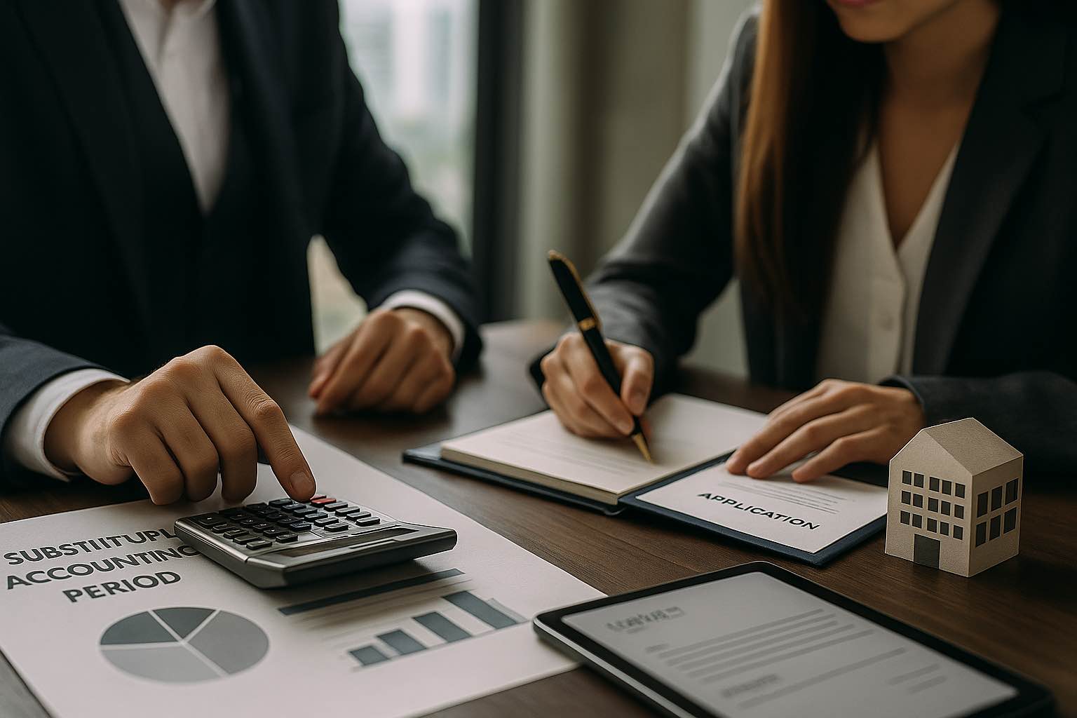 Two corporate professionals discuss financial documents in a modern Australian office, symbolising the process of applying for a substituted accounting period (SAP) for international businesses.