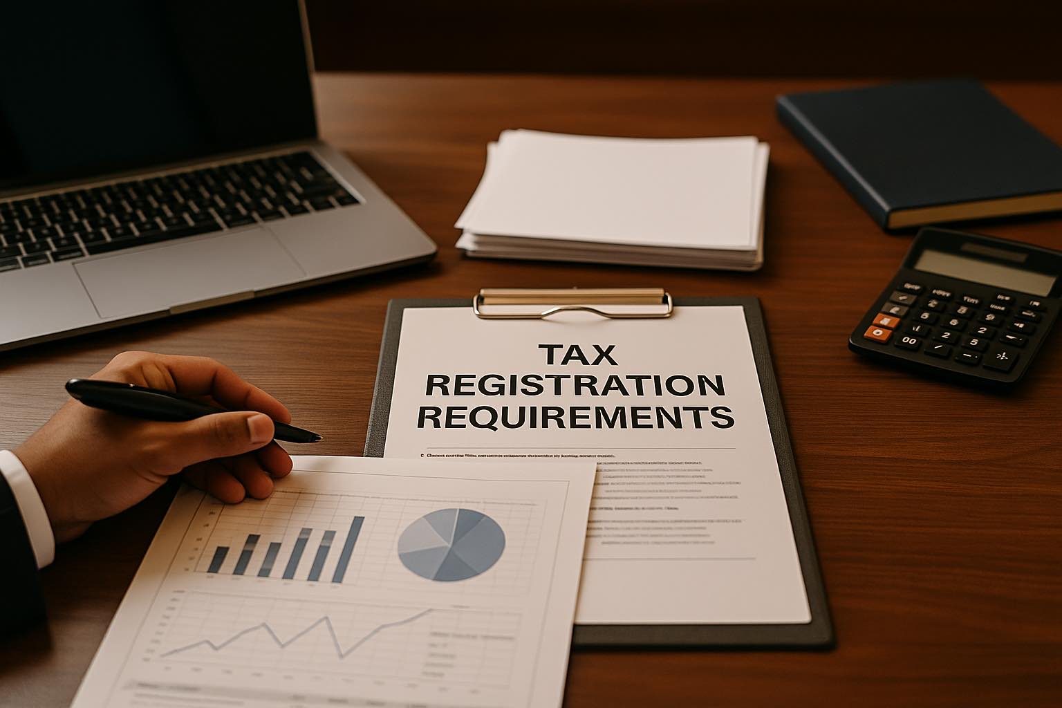 A modern corporate workspace featuring a clean desk with neatly arranged tax documents, Australian registration forms, and a digital tablet—symbolising tax registration processes for new businesses in Australia.