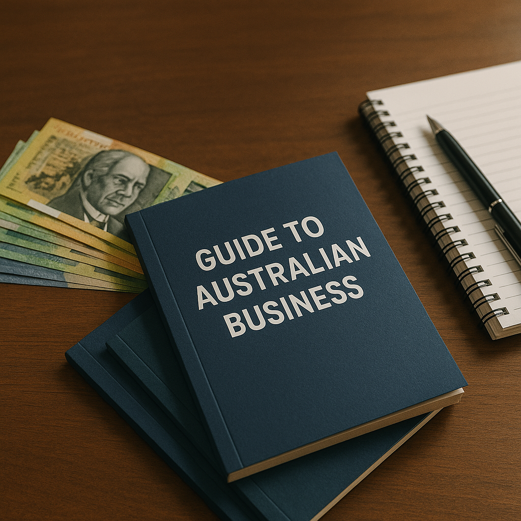 Guide to Australian Business book on desk with Australian currency, notebook, and pen representing accounting and advisory services